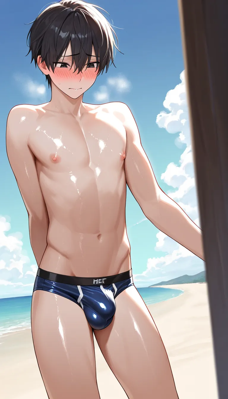 ((best quality)), ((Masterpiece)), (Details), 1boy, solo, (((male))), bikini, topless, black hair, large chest, nipples, slender, gleaming skin, (((bulge))), aroused, in heat, embarrassed, beach, nsfw