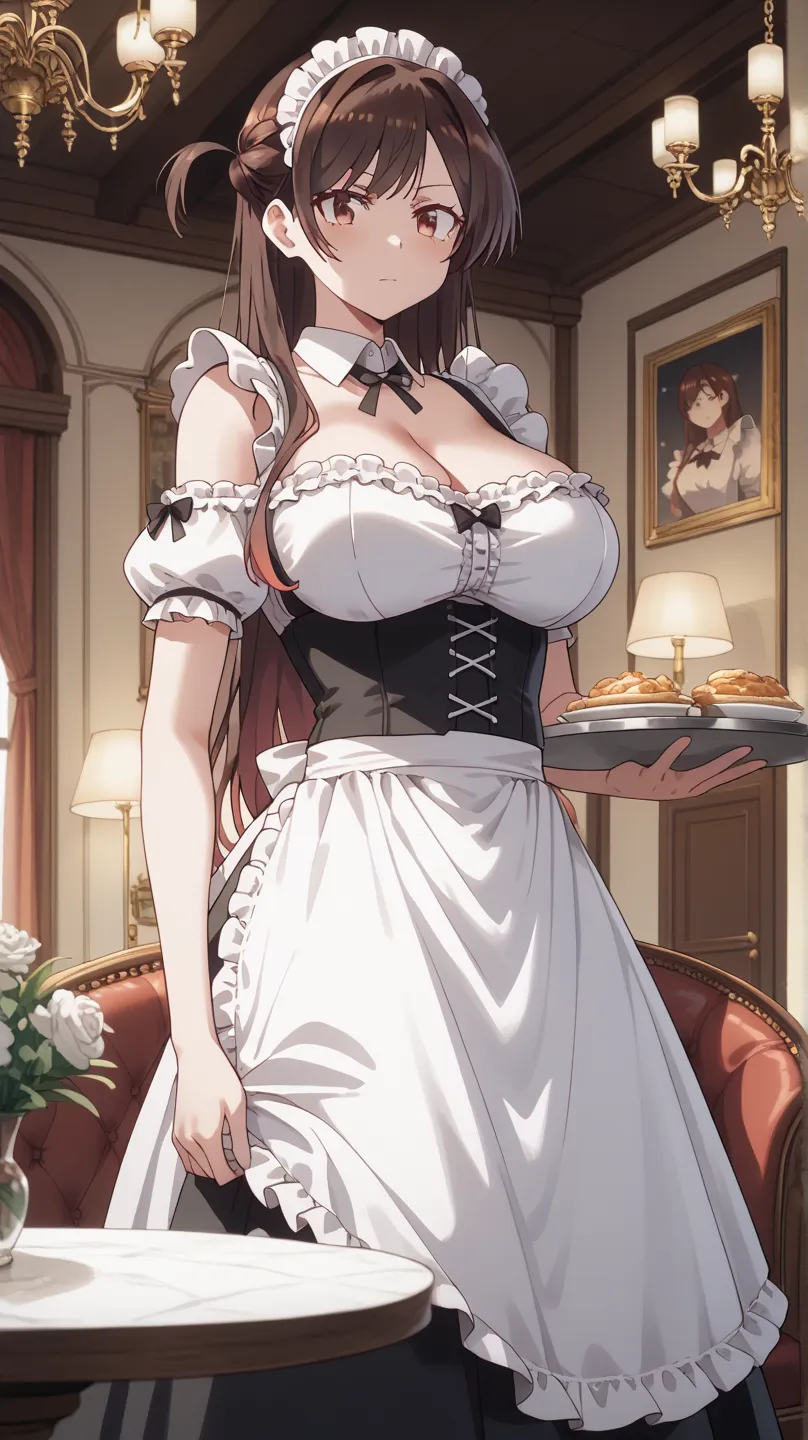 chizuru ichinose, long hair, bangs, brown hair, brown eyes, one side up, huge breasts, curvy, white brim, off-shoulder maid clothes, maid apron, (detailed frilled clothes, detailed wrinkles clothes:1.2), cleavage, corset, hold tray, standing, from font, in...