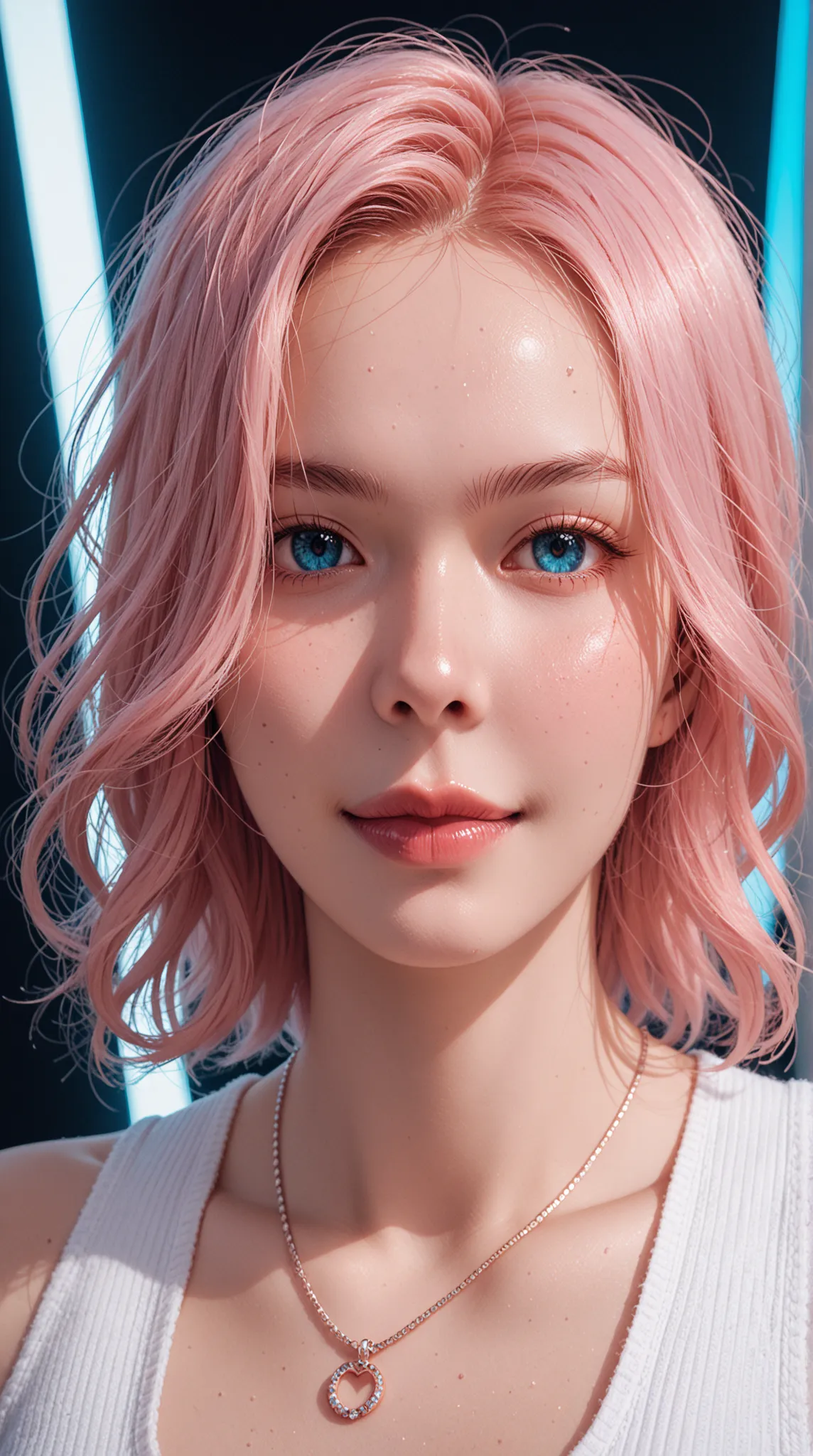  top quality , best quality,   official art , beautiful and aesthetic:1.2), ( 1 girl), extremely detailed,(Fractal Art:1.3),color,highest level of detail,Smiling, Bright pink hair,  normal blue eyes , futuristic world background.