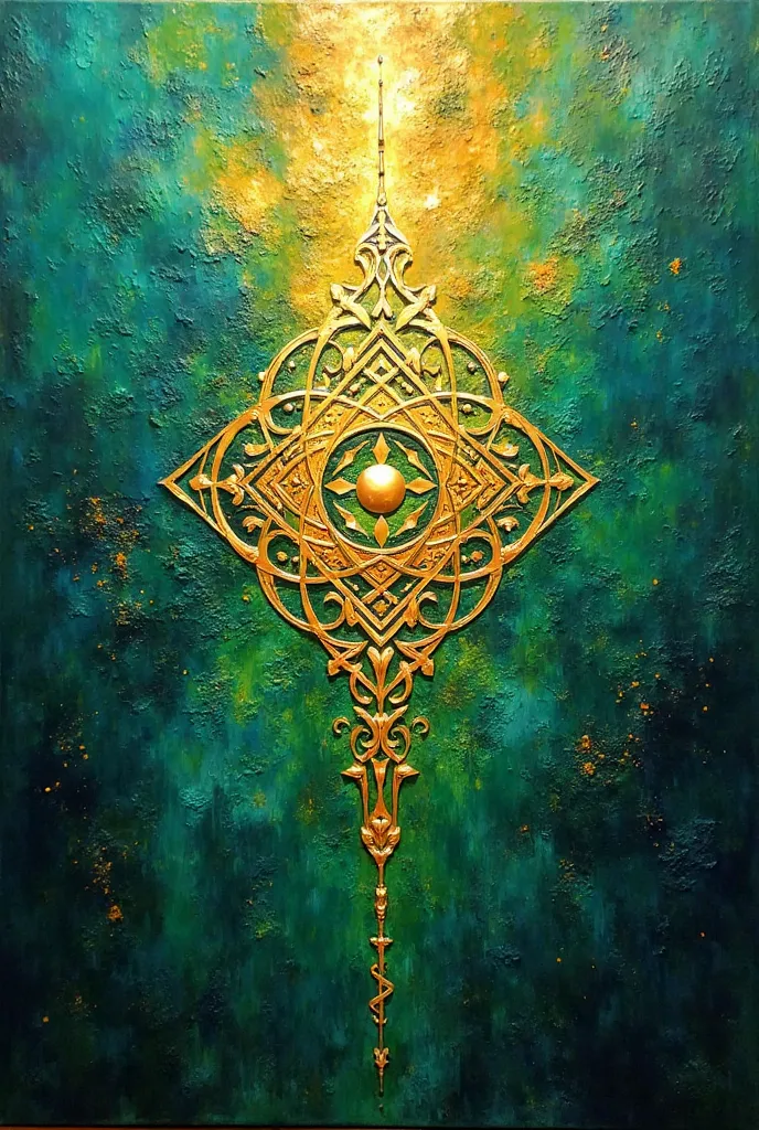 stunning dark vibrant GREEN, TEAL , YELLOW and golden Islamic oil painting! bold, textured brushstrokes, creating a spiritual and expressive masterpiece. The Islamic Arabic calligraphy and geometric patterns flow harmoniously within the composition, evokin...