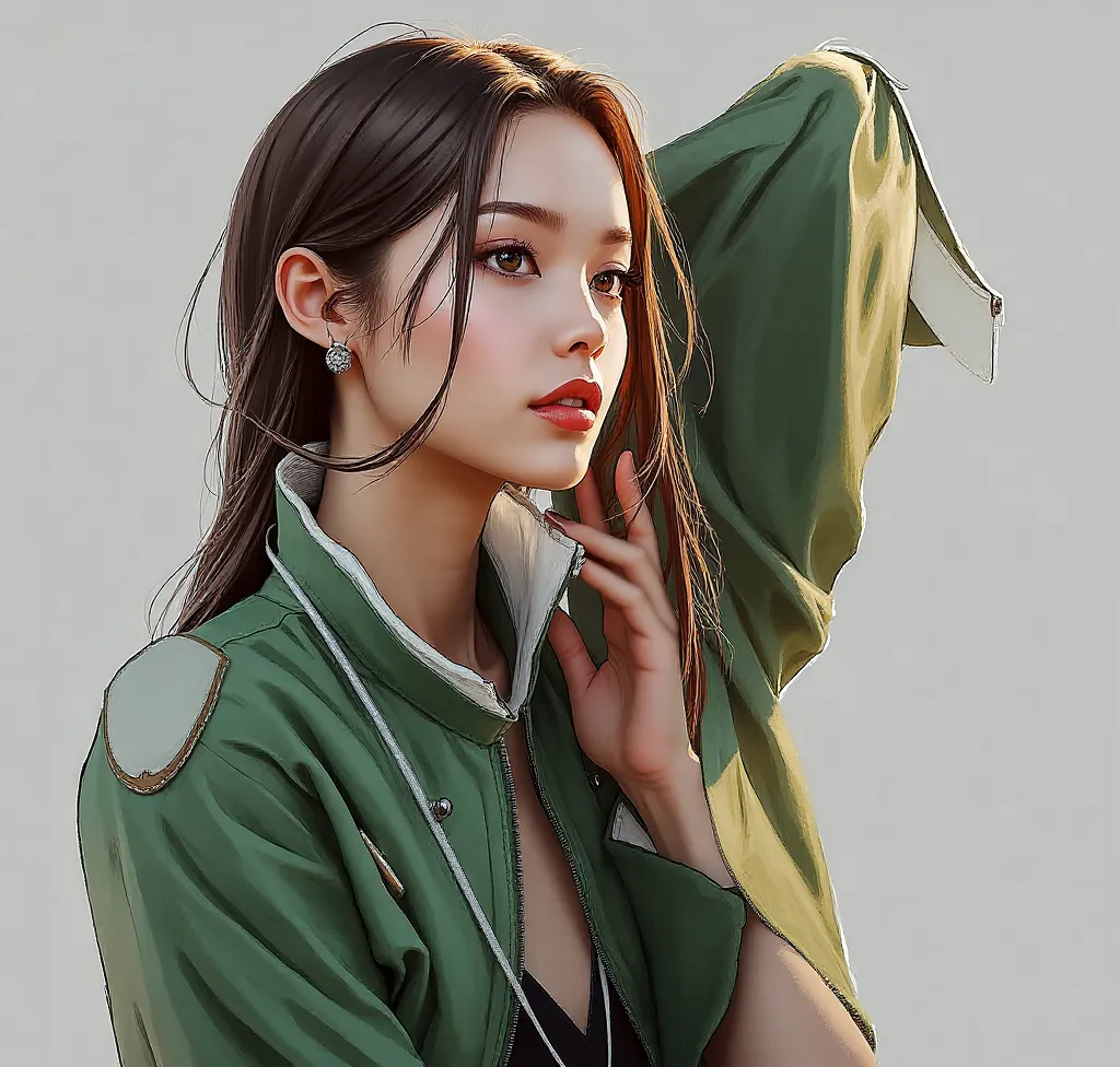 woman with long hair and green jacket, concept art by Jang Seung-epa, pixiv, fantasy art, artwork in the style of guvaiz, nft portrait,  beautiful character painting,  official fan  , created in Anime Painter Studio , detailed fanart, highly detailed refin...