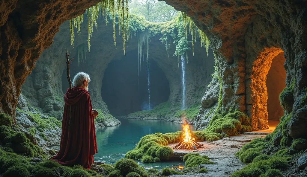 An old elf male mage at his 80s, he is on his sanctuary, an underground place, the environment is a mix of dump earth, moss, rocky formation of an underground tunnel system and some iridescent foliage, there is also a pond that extends to an underground ca...