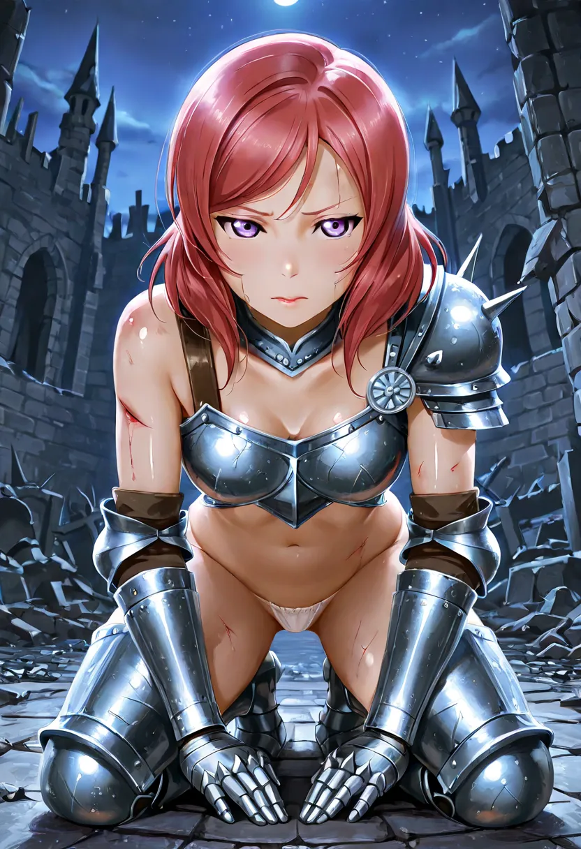 Masterpiece, Best quality,realistic anime art,1girl, nishikino maki, purple eyes, love live , night , detailed body, shiny skin, armor, metal shoulder pads, armored gauntlets, armored boots, medieval castle ruins,white micro panties,injury, submissive, dog...