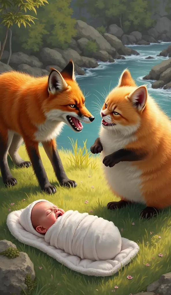 A realistic and humorous digital painting of a fierce orange fox and an extremely chubby, soft orange tabby cat facing each other in a fierce confrontation. The fox has sharp eyes and an aggressive expression, baring its teeth, while the cat, standing on i...