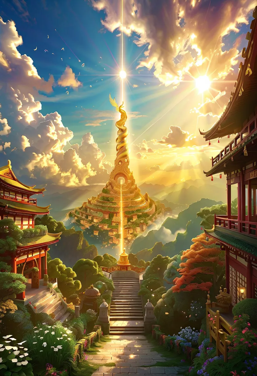 A mystical city rising into the sky、digital art, The clouds clear and the shining sun appears, Ascension Day，Golden Sun、Sky City、god々Utopian、There is one relic。god floating in the air々Our Sky Garden、Angel ladder、