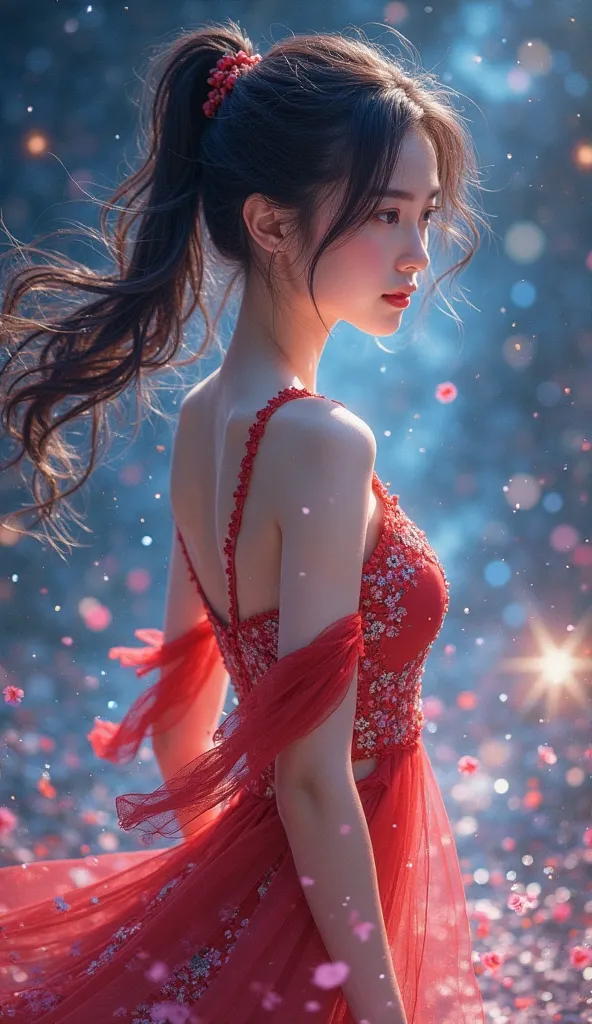 ( 最 high quality ,16k, high image quality during sick leave,masterpiece:1.2),  Super Detail  ,realistic:1.37,  background galaxy ,Shining Star,  mystical  黒髪、short ponytail,  bright color,Grace,  mystical  ,Celestial Bodies,moonlight,reflection,    cosmic ...