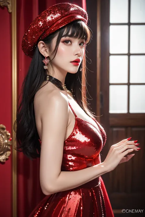  beautiful black hair ,shortcuts,Aligned bangs,Bright red lips,Red Eyes,white skin, gothic dress,Ultra HD,Ultra High Quality,masterpiece,DSLR,photorealistic, Detailed Details,Vivid details,is drawn in detail,detailed face, Detailed Details,Super Details,re...