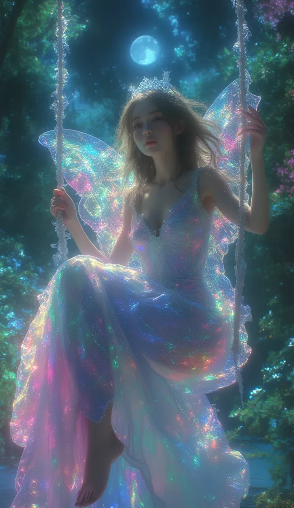   photorealism, One fairy princess ,   long light  ,   fairy wings 、 in a long dress with a holographic rainbow pattern,sitting on a swing、a tiara,let her hair loose、Prism lens , green、 pink、white、  posing,  gentle blush,   ,   rendering on the physics eng...