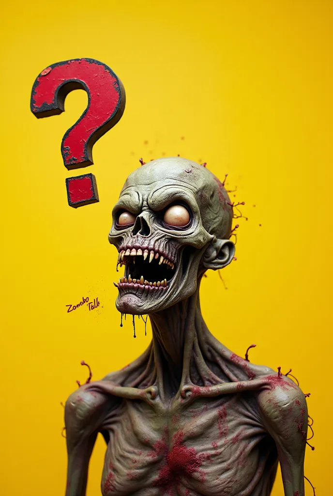 Please generate a photo for an Instagram avatar where there is a zombie and he has a big question mark in his head, a yellow background and the Zombo Talk inscription in the Modern font  