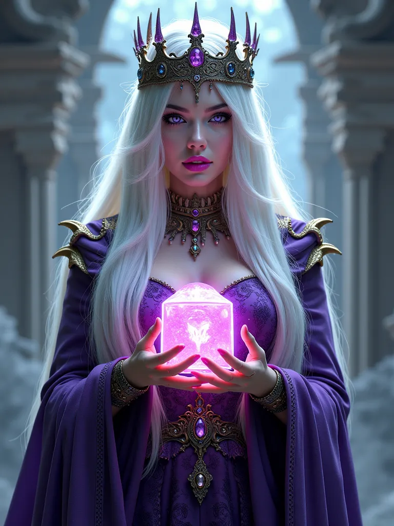 Girl,white long hair，purple Queen，accessories，cube in hand，Poison spheres，Witch Queen，pink lipstick, head to toe, feet visible 