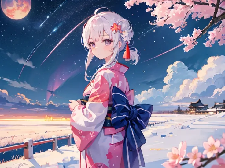 1 Girl, distant girl wearing a kimono staring at the Star, (Enlarged :1.1), (meteor雨:1.2), (comet:1.1), Your name,  low angle,  from city view  , Northern Lights, meteor, yukata,  red kimono, Cherry blossoms,  standing in the field ,Best Quality,  masterpi...