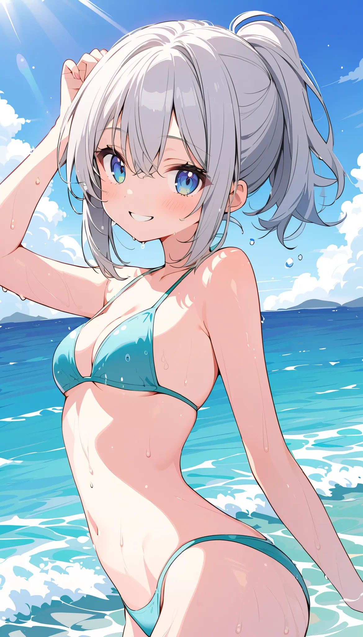 beautiful illustration, best quality, cute girl, Chest, Smooth Bikini,  , ocean,  smile, (wet),  Silver Hair。short ponytail。