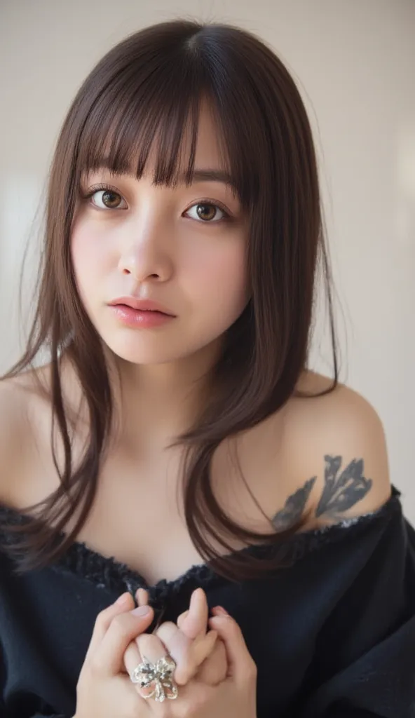 high-resolution photo of a young Japanese female idol, Alone, 1 girl who died,  wears an off-the-shoulder dress, looks at the camera, long black hair with straight hair front bang, pale skin, detail eyes,  seductive eyes, light makeup that breaks, indoors,...