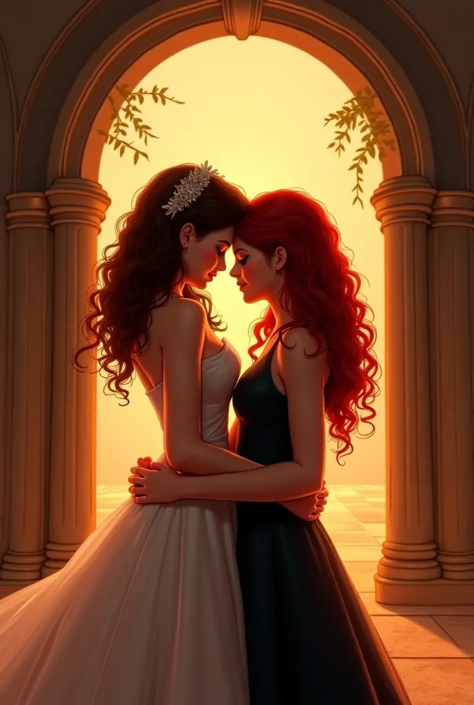 I want two girls hugging each other in front of an altar, specifically where Edward and Bella were married at twilight.  One of the girls is short, guerita and with slightly curly hair, honey color. and the other is taller than her, dark-skinned, medium wa...