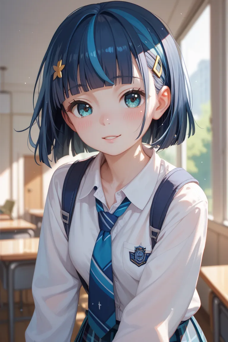 school girl short indigo hair, and indigo eyes hime cut, flushed pale skin, cute, big boobs