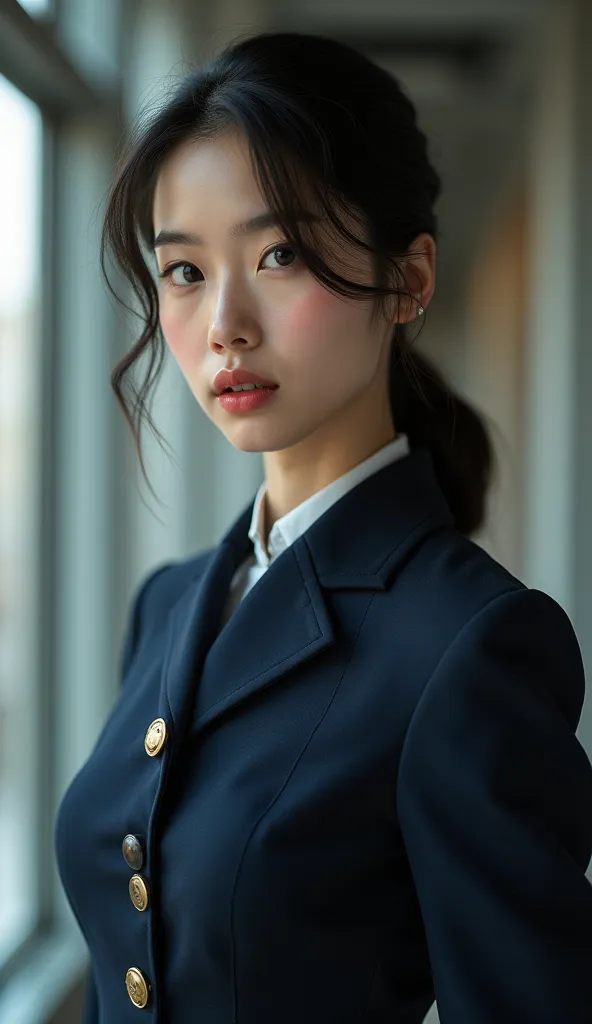 A beautiful young woman in a navy uniform