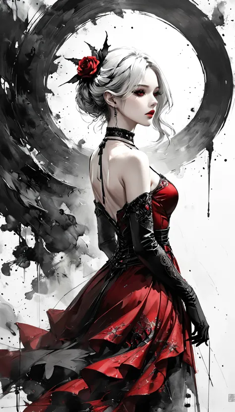 Neo-noir futuristic art style, semi-realistic anime-style, long, silky white hair flows down freely without ties or accessories. Clean background. Black white and red, anime style, Chinese ink theme, hyperdetailed, ultra quality, 4k, intricate lighting, ch...