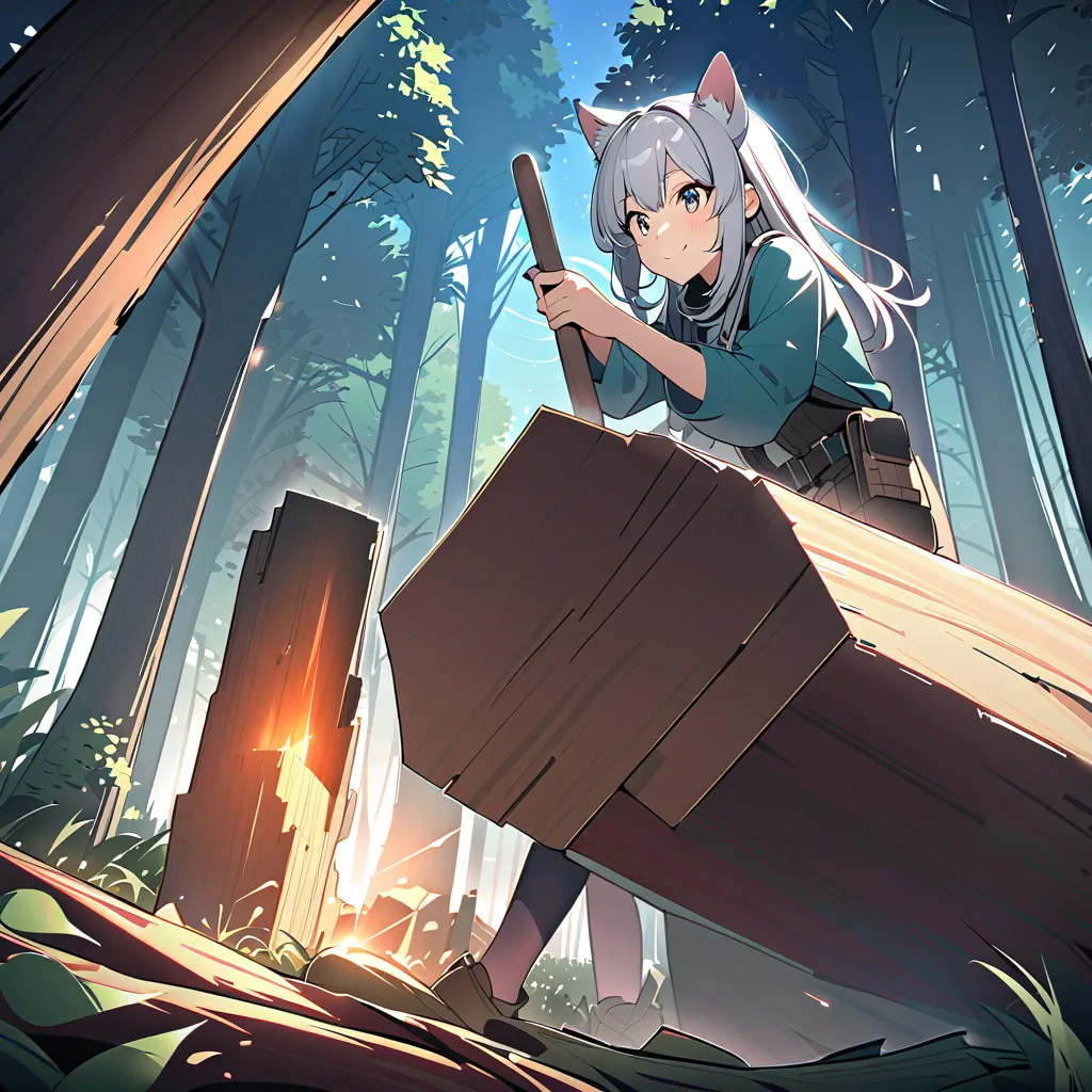 8k，smile，     girl with dog ears making shelves ，                Silver Hair，    White Ear，  棚を作る，Hammering nails，Cutting trees，Fantastic Space， in the woods