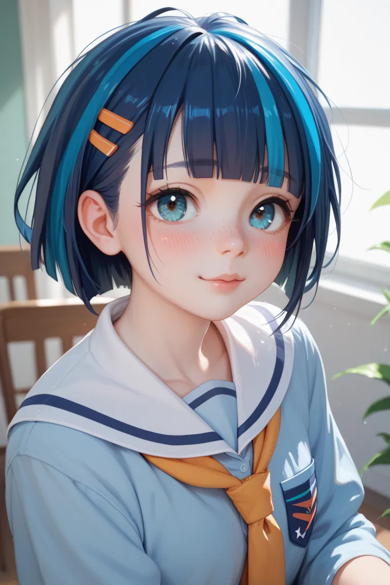 school girl short indigo hair, and indigo eyes hime cut, flushed pale skin, cute, big boobs