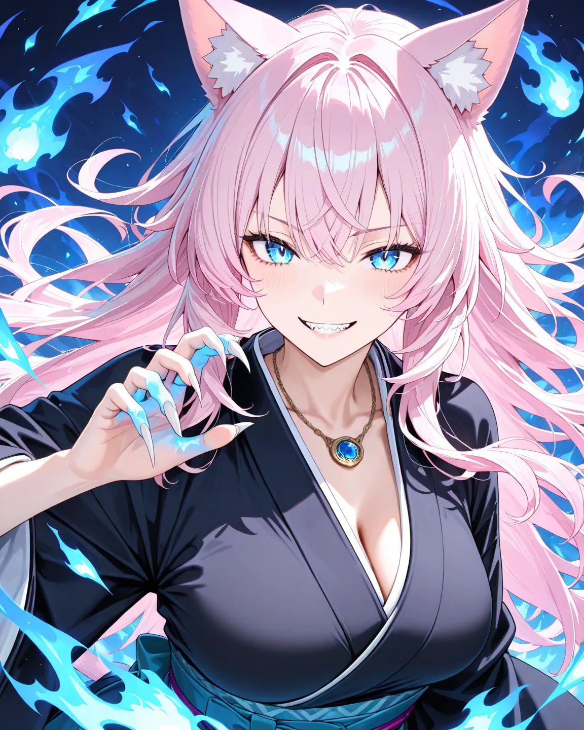 Best quality, one women, blue eye, light pink hair, cat girl, long hair, messy hair, medium breast, black Kimono, adult female,  grinning smile, slave necklace on the neck, sharp claws on fingers, kimono open at the breasts, blue fire, attack pose