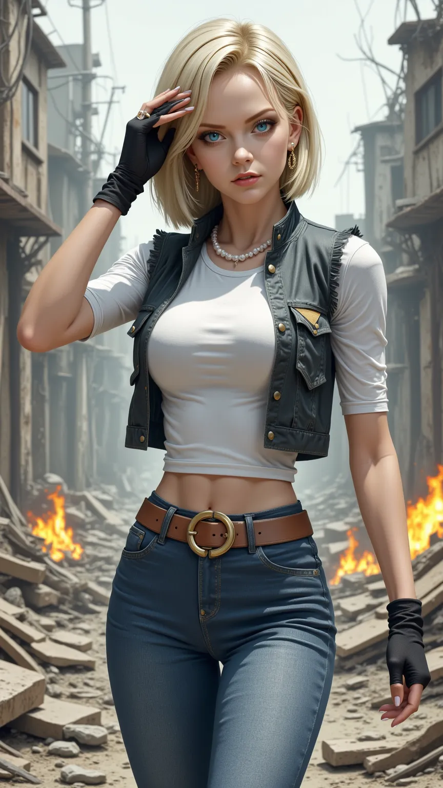 Android 18 from Dragon Ball walks slowly and coldly toward the camera in a ravaged, post-apocalyptic wasteland, her piercing light-blue eyes locked intensely on the lens. Crumbling buildings, twisted metal, and smoking ruins stretch behind her, illuminated...