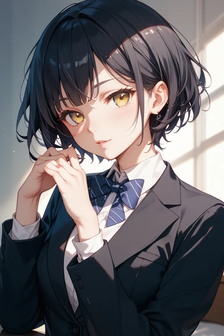  black hair、short hair、yellow eyes、black suit、girl、cool、cool、 small tits