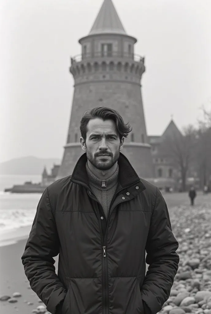 A handsome man in front of the Maiden's Tower in 1972, bad quality, black-white, no beard