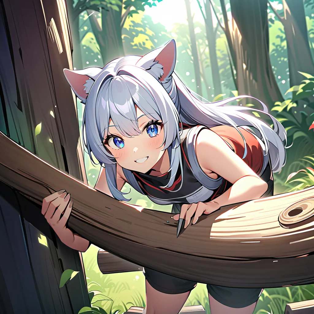 8k，smile，     girl with dog ears making shelves ，                Silver Hair，    White Ear，  棚を作る，Hammering nails，Cutting trees，Fantastic Space， in the woods，beautiful background，