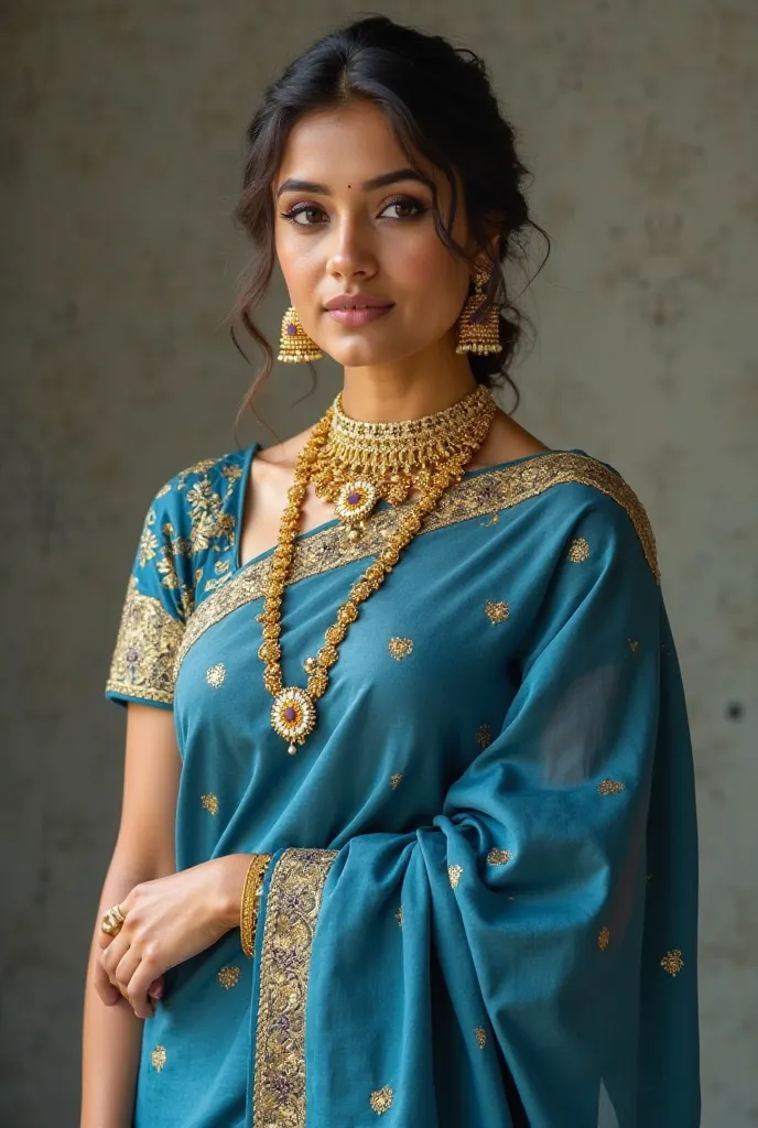 A wife in blue saree and frount camer and a jewellery set 