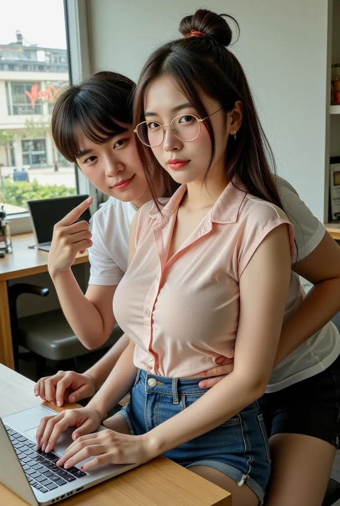 A wide shot shows the full body of the model from her side through a desk as a foreground. 

A beautiful THAI woman, 20. Her tired face in tinglingly feeling while a hint of weariness creases a drunk sensation, soft makeup, her PINKY-RED hi-lighted long ha...