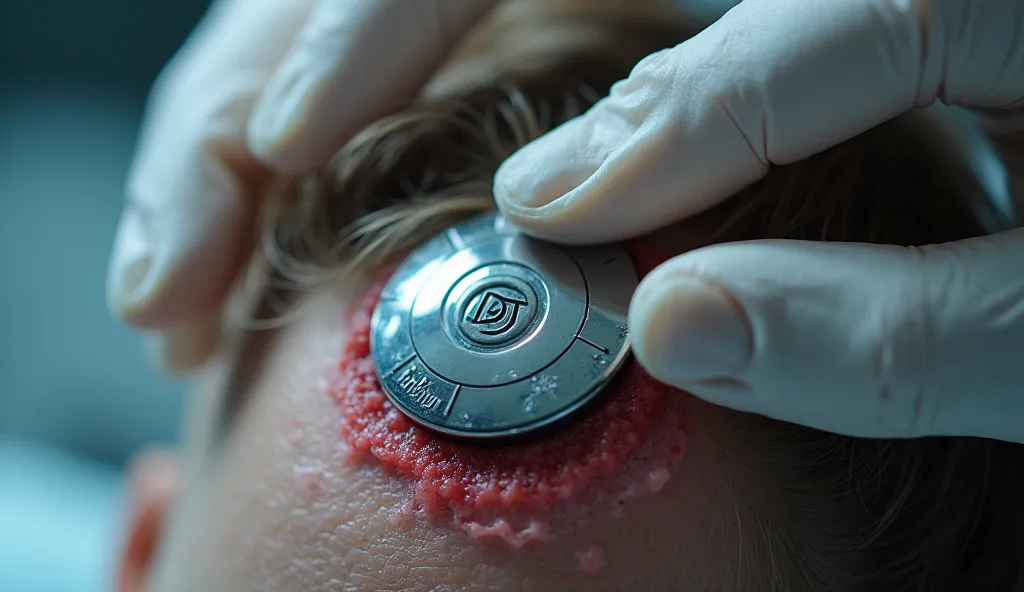 A highly detailed close-up of a futuristic brain implant embedded in a person's scalp. The implant is a sleek, metallic device with a high-tech design, featuring a smooth, circular interface with a logo engraved on it. The surrounding skin appears slightly...