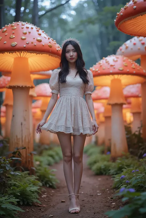 Create a portrait of a stunning Japanese actress standing gracefully in a whimsical, colorful world. She is wearing a cute, fairy-tale-inspired mini dress that accentuates her slender figure, small bust, and thin legs. The background features a magical for...