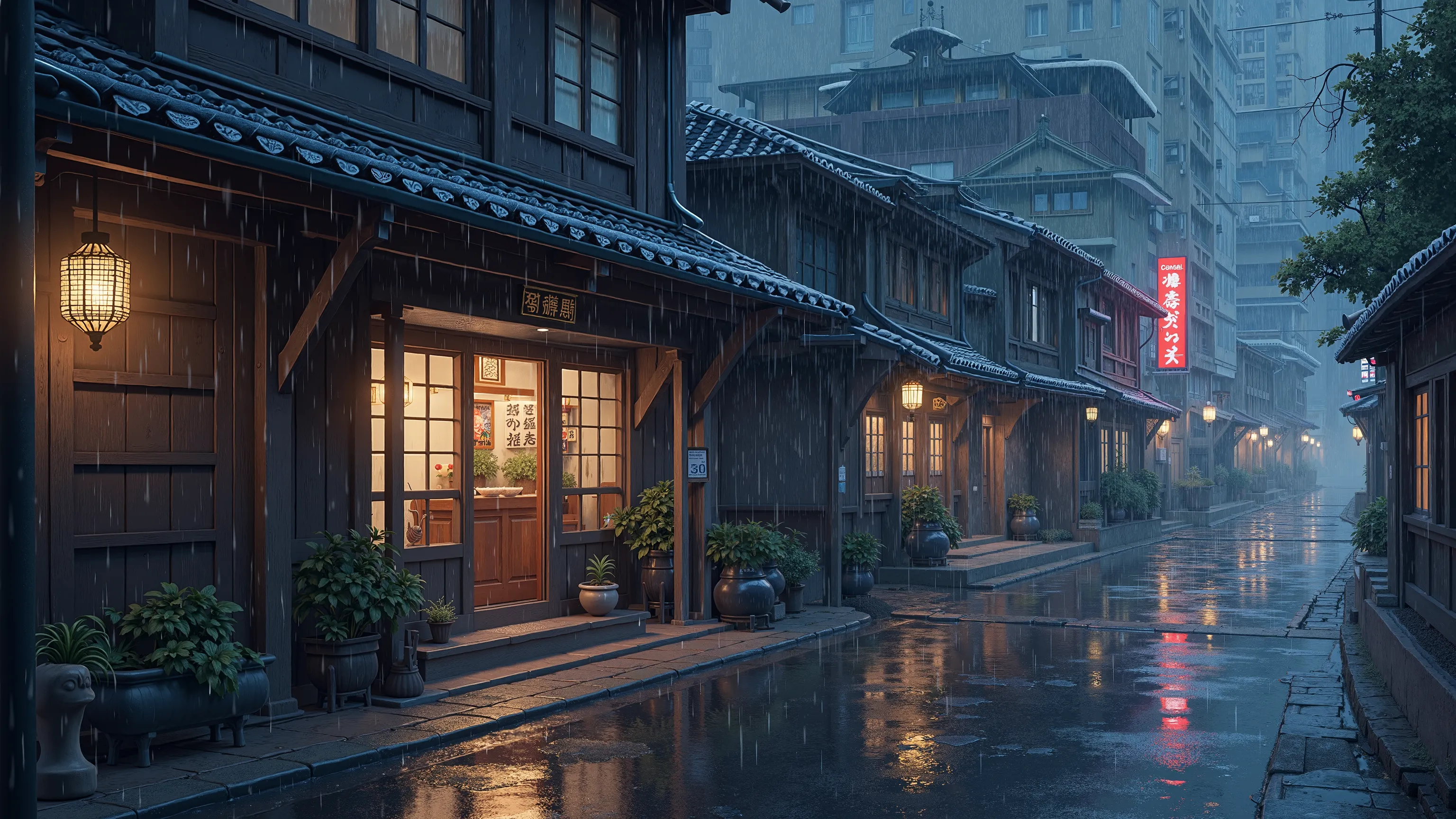 Wallpaper of a beautiful house in Japan on a rainy night of the city, coffee shop