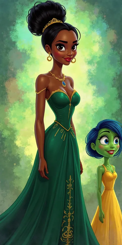 A dark-skinned princess in an elegant, deep green gown with gold embroidery stands confidently. Her high bun and poised expression resemble Tiana from The Princess and the Frog.
Beside her is a character with short green hair and a yellow dress, possibly r...