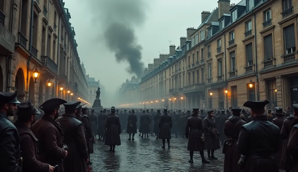 The year is 1798. France is on the brink of a revolution that will forever alter the course of history. Create a realistic scene in Paris where determined revolutionaries gather on rain-soaked streets under ominous storm clouds. Historical architecture, ma...