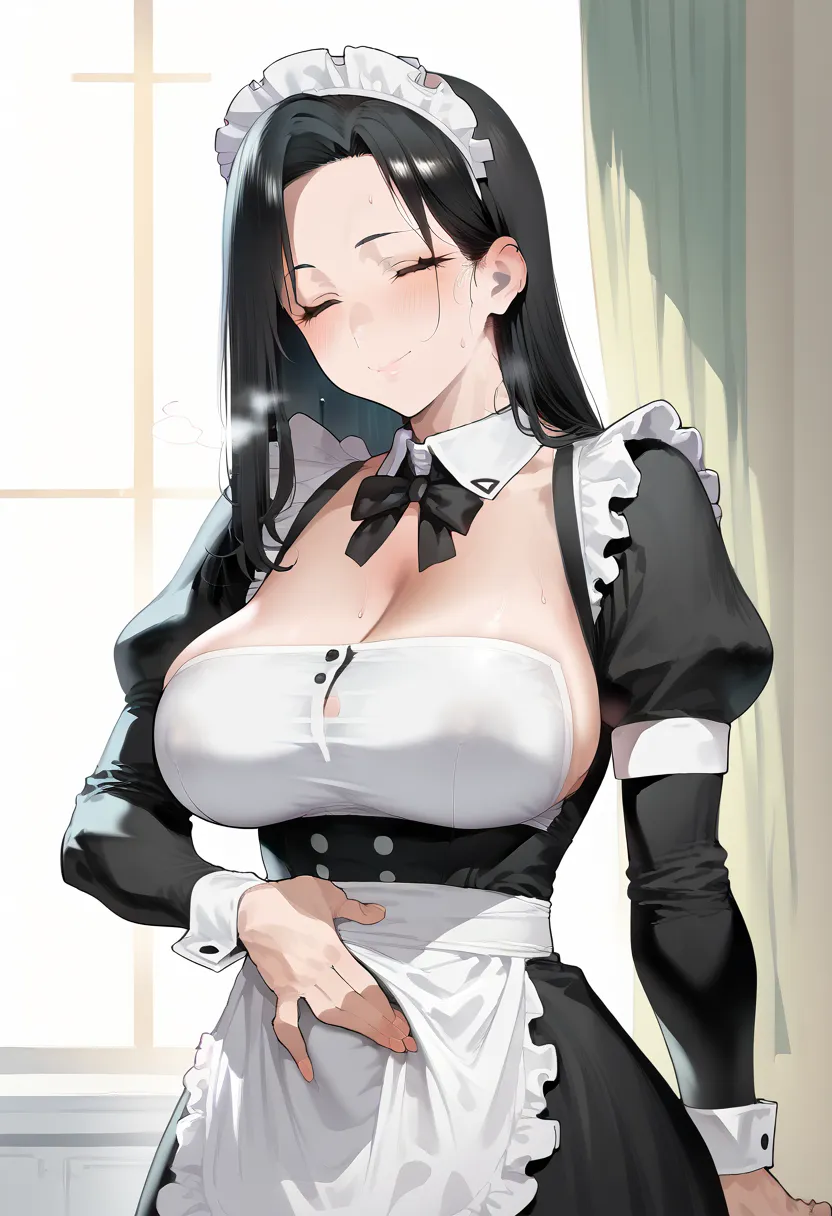 Hyper realistic,black hair,long hair,、 mother, milf, mature female, perfect face, perfect lighting, sexy lips, sexy female, closed mouth,  , large breasts, sweat,Stand upright、、half closed eyes、 Smile、((maid, maid headdress))、 Long Sleeve、frilled maid dres...