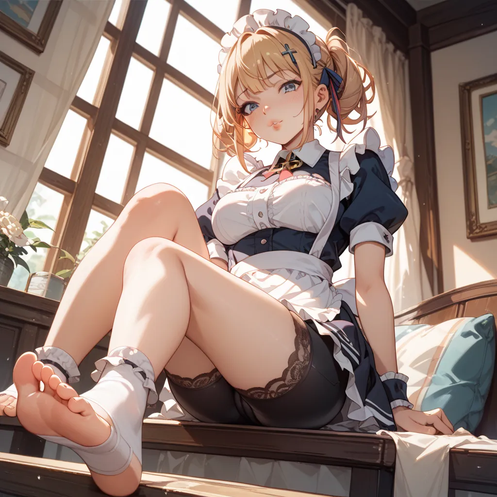 1 girl who died、Maid、sitting、frill socks、from below、 Ashikiri、is embarrassing、bike shorts、Puffy Lips、toeless legwear、cross lace legwear、masterpiece、top quality、uncorrected