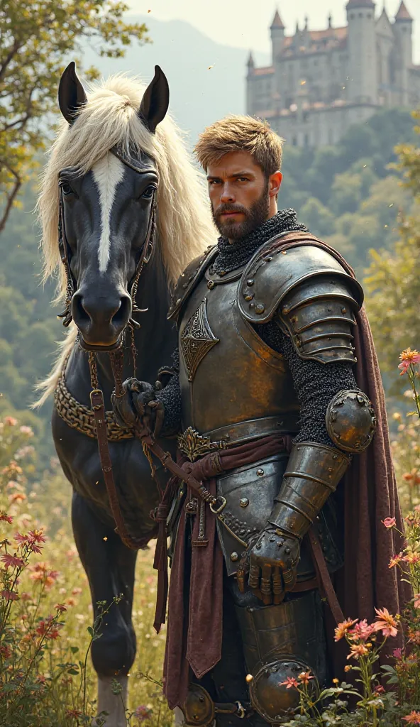 Handsome young blond knight with a beard next to a royal black horse with thick white hair, picturesque nature, flowers, castle