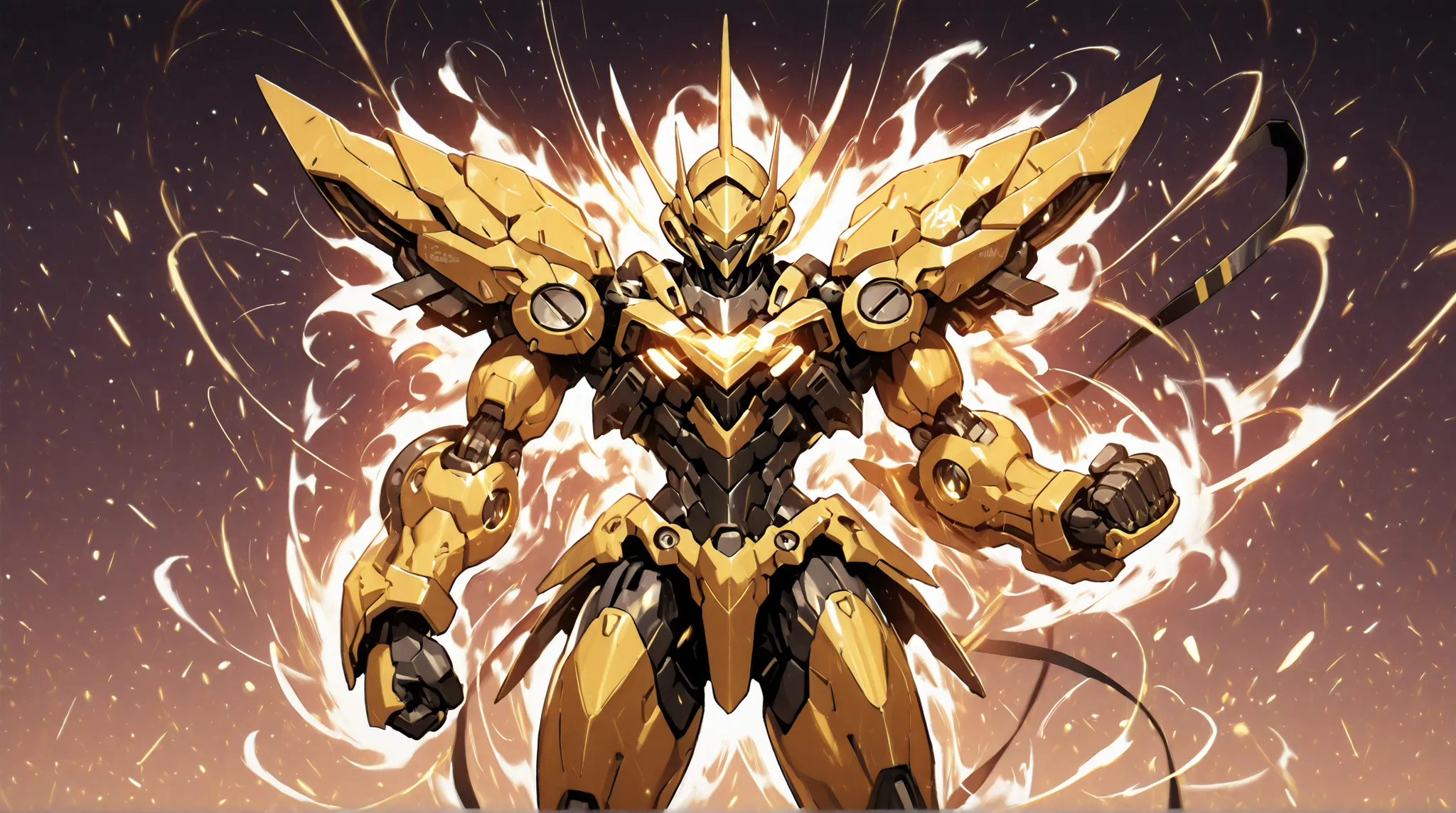 solo, silhouette, shadow of Female Mecha Suit, Feminine character, In A Yellow Mech, wallpaper quality, on a loading screen, fighting stance, solo, aura, waist up, ((Chest up)), (Female Body, Mechanical Appearance, wires for Hair), sinister stare, neon lig...