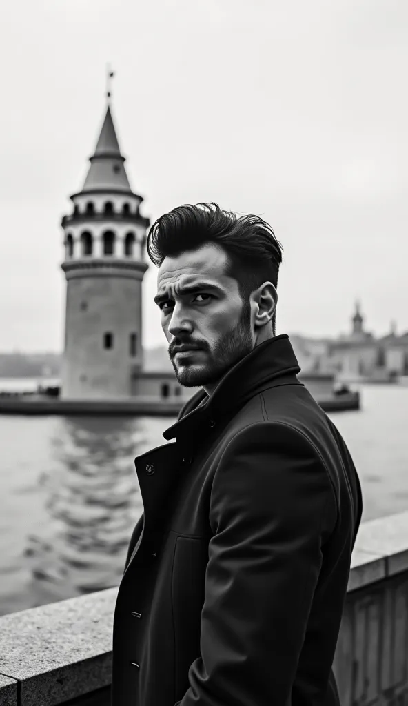 A handsome man in front of the Maiden's Tower in 1972, bad quality, black-white, no beard