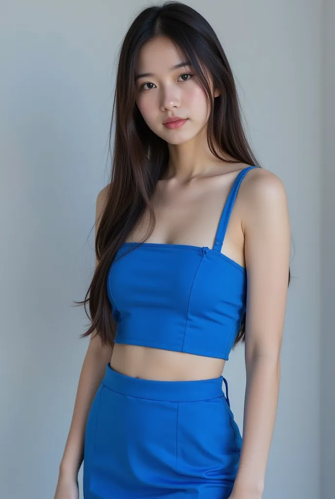 ((best quality)), ((masterpiece)), (detailed), perfect face  half body wearing a blue crop top skirt posing close up  long straight hair no ponies 