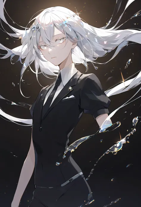 Beautiful, solo, long hair, white hair, silver eyes, white shirt, black suit, short sleeves, houseki no kuni