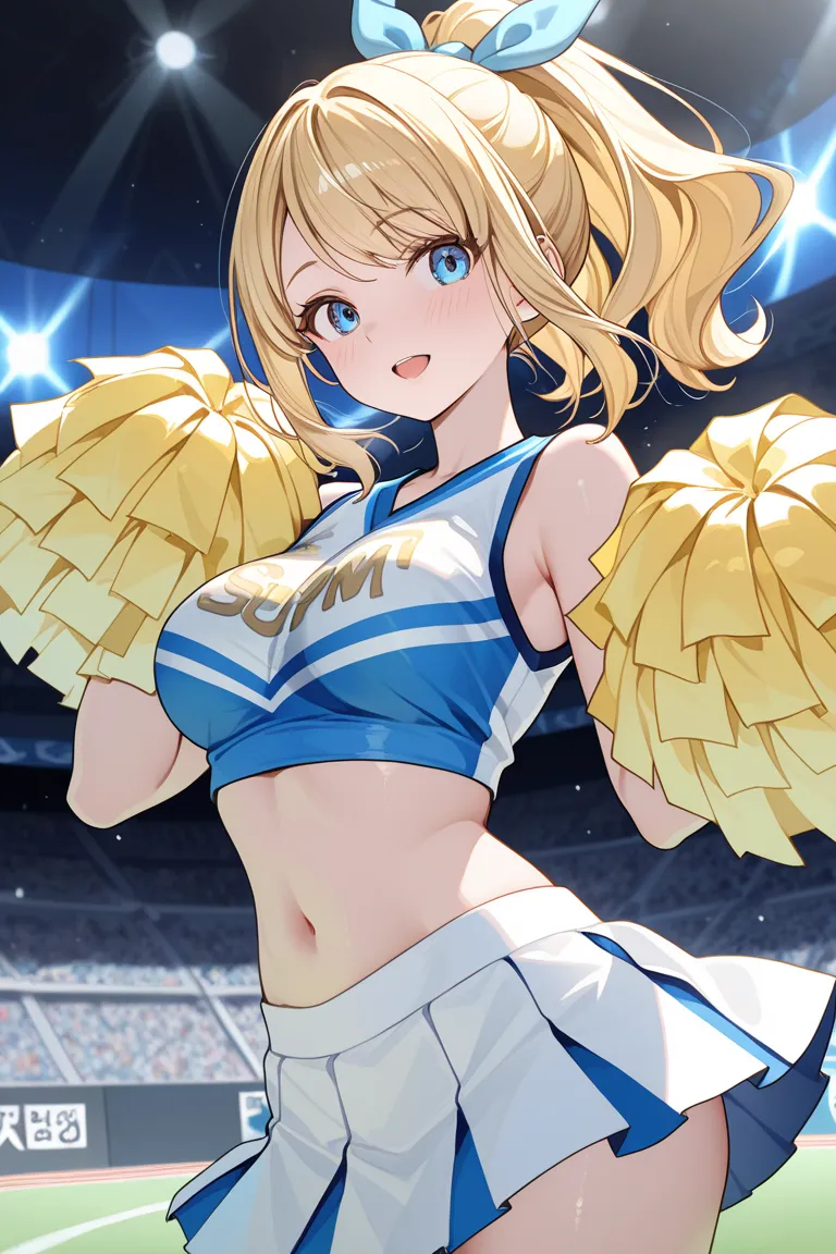 It generates an image of a blonde girl with blue eyes, sensual, dressed in a sexy cheerleading uniform, composed of a short skirt and a fitted top with striking details.  Her expression is flirty and confident , with a dynamic pose that highlights her attr...