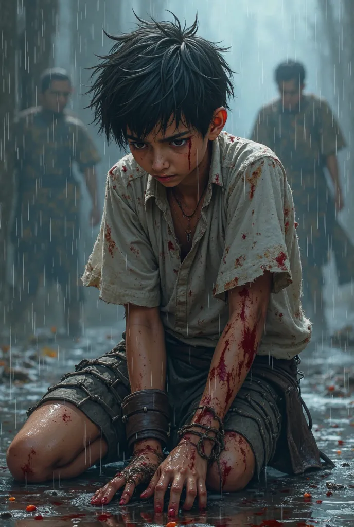 a realist anime young warrior kneeling in the rain, bloodied and exhausted, gripping his broken sword with shaking hands.
