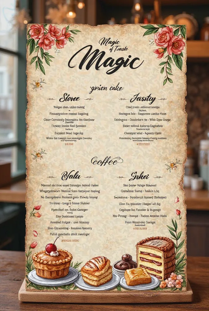 cafe menu with pastries, delicious cakes and coffee should be fragrant in bed shades. The menu should be called Magic of Taste 