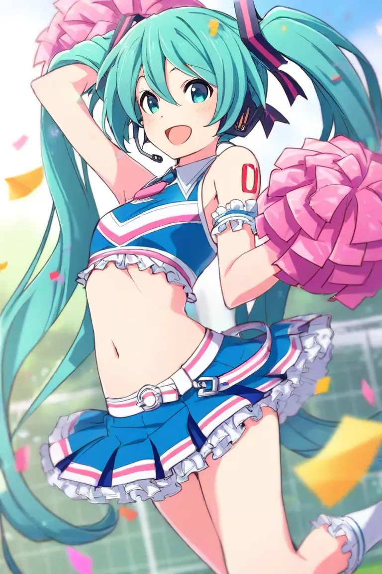 1 girl,Hatsune Miku, vocaloid ,Frilled Miniskirt,cheerleader,pretty girl,cute,smile,high school girl