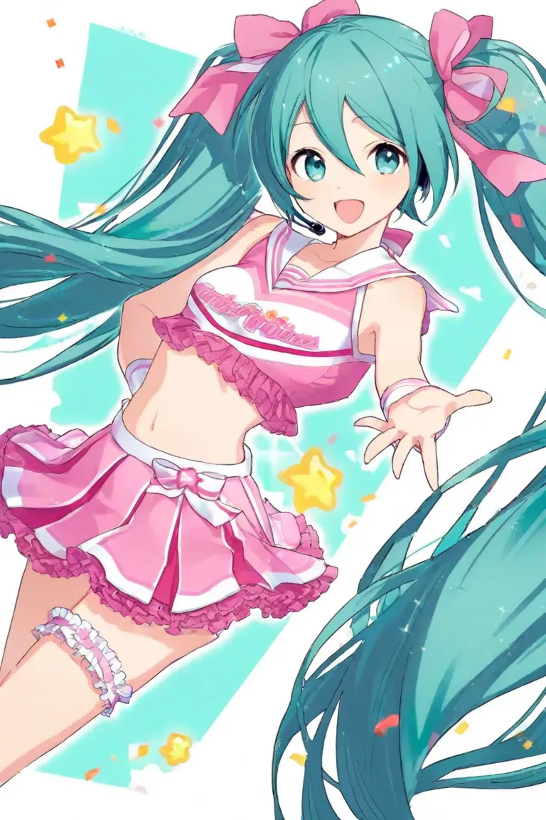 1 girl,Hatsune Miku, vocaloid ,Frilled Miniskirt,cheerleader,pretty girl,cute,smile,high school girl