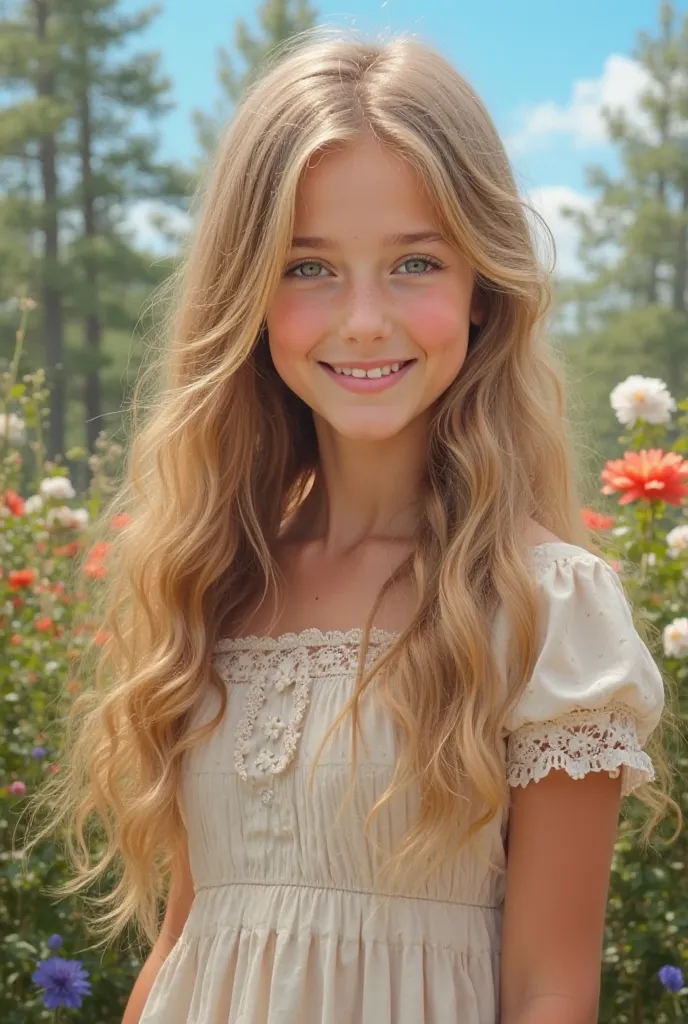 "Create an image of a young Russian girl with long,  wavy hair . She has fair skin and blond hair, which fall beautifully on the shoulders. The girl is wearing a light summer dress, that blends in with the surrounding background - a beautiful forest where ...