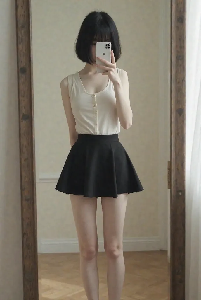 "A very slim girl with pale white skin, wearing a short black skirt and a simple top, stands in front of a mirror in a softly lit room. Her hair is short and black, and she is taking a photo of herself with her smartphone, completely obscuring her face. He...