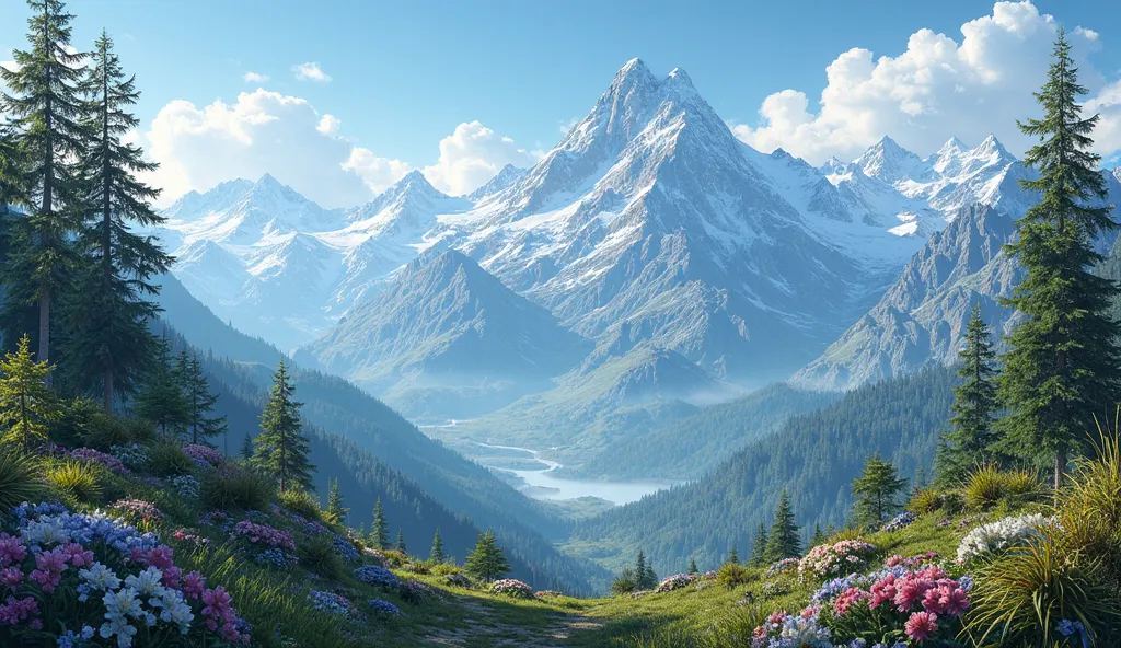 wallpaper、Great Forest、高Mountain植物の生い茂る夏のMountain々View of、Overlooking、natural landscape、Wide angle、masterpiece、top quality、Exquisite、detailed details、photoreal、Realistic 4K Photorealistic Illustration、Mountain々に咲く高Mountain植物、Expansive Natural Scenery、雄大なMo...